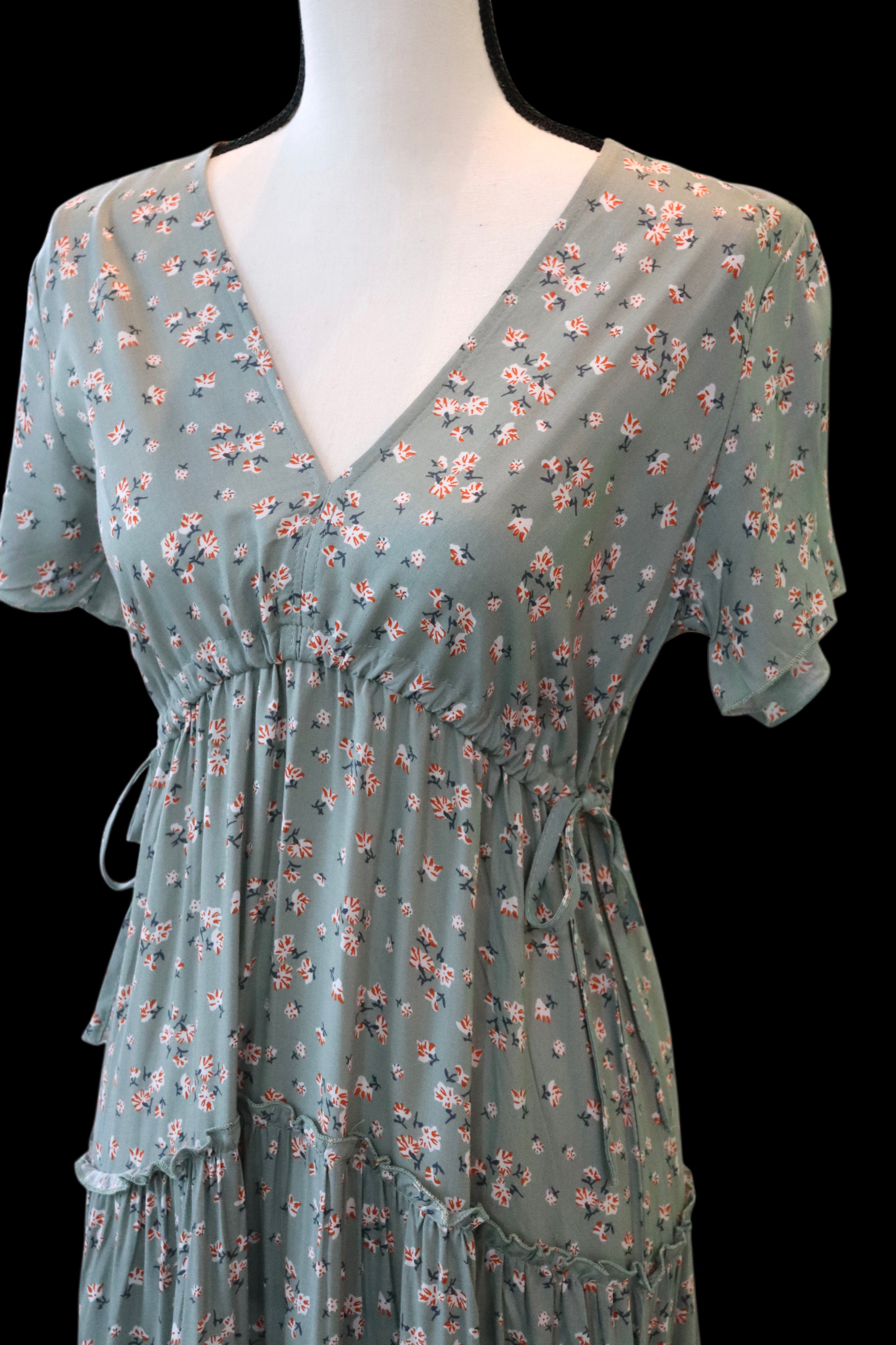 Green Floral Maxi Dress with Ties